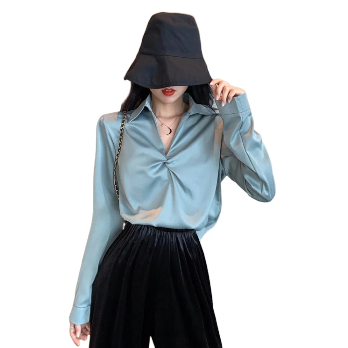 

2021 New Spring and Autumn Korean Design Minority V-neck Long Sleeve Shirt Loose High-end Foreign Style Shirt Blouse