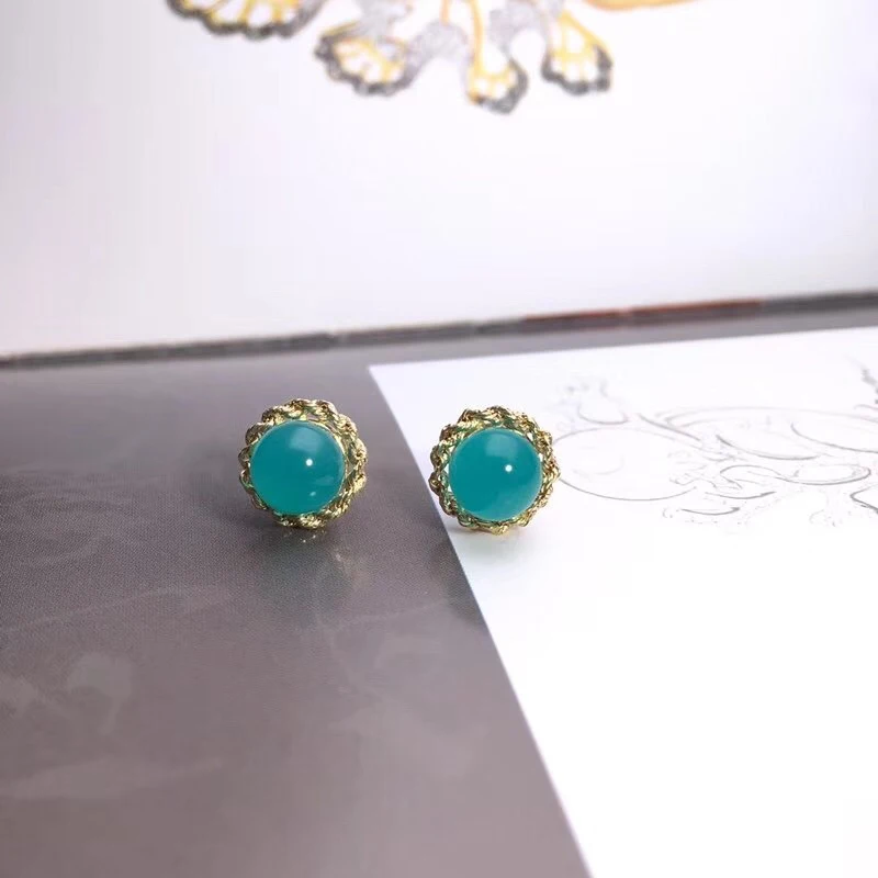 

VANTJ Elegant Natural Amazonite Stud Earring Sterling 18k Gold Real 750 Beautiful Color Fine Jewelry For Women Lady Gift Box