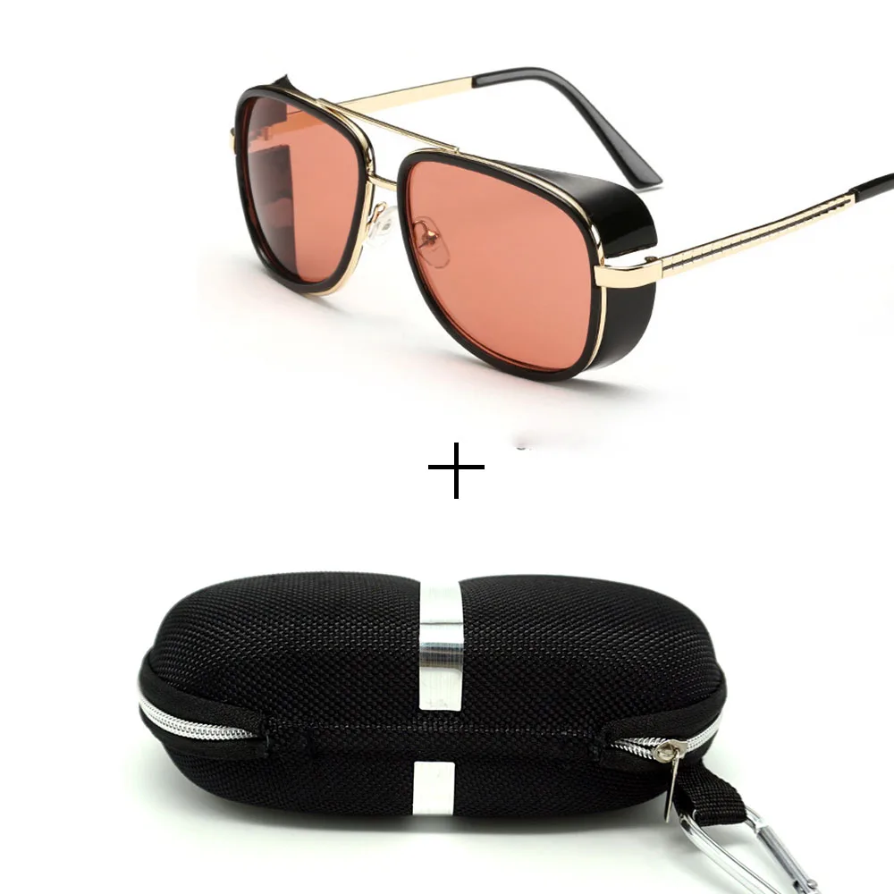 Glasses and case Минимальный мужской стимпанк солнцезащитные очки тони старк железный человек солнцезащитные очки ретро винтажные очки стимпанк солнцезащитные очки UV400 - Цвет линз: Glasses and case