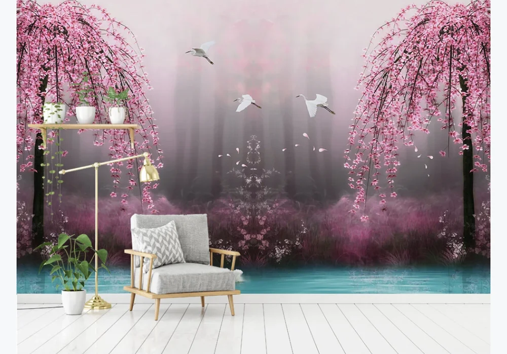 Фотообои на заказ красивые Фэнтези розовый цвет вишни лебедь озеро пейзаж