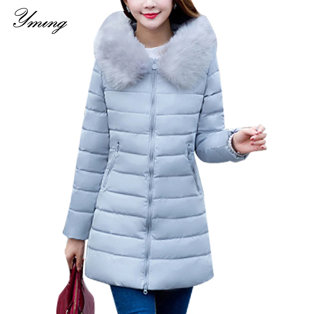 

YMING 2019 Winter Women Jacket Fur Collar Hooded Long Coats Cotton Thickening Female Parka Warm Puffer Outwear Winter Clothes