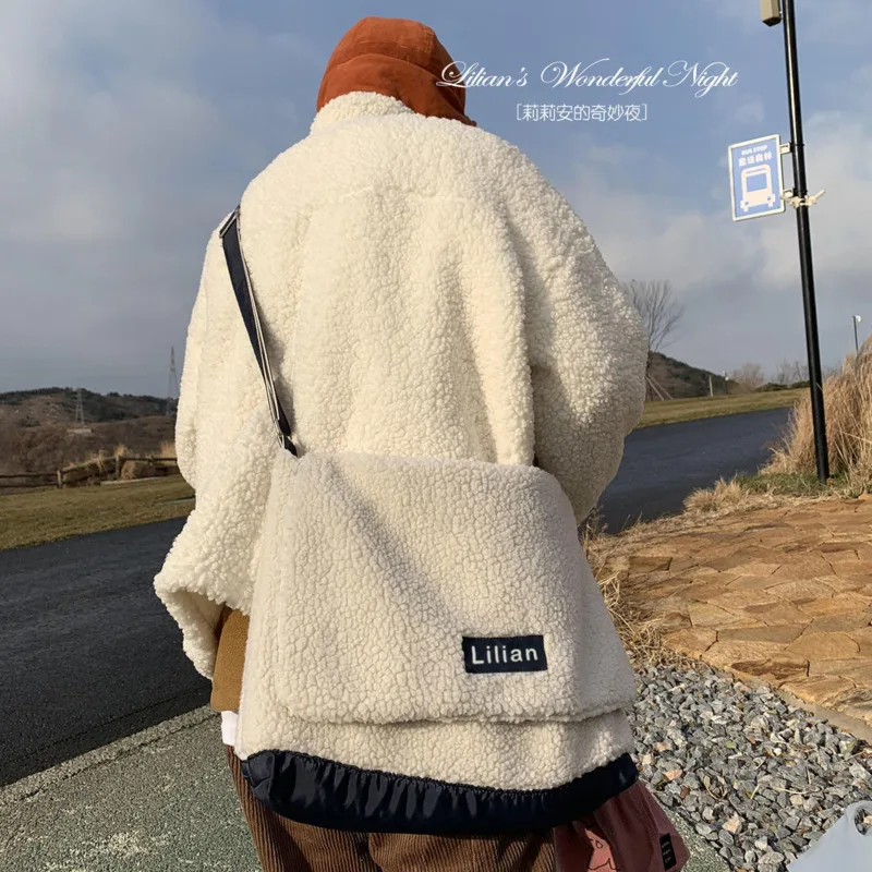 

Male Handbags Boy Students Crossbody Messenger Bag Autumn And Winter Versatile Soft Lambswool Man Canvas Bag