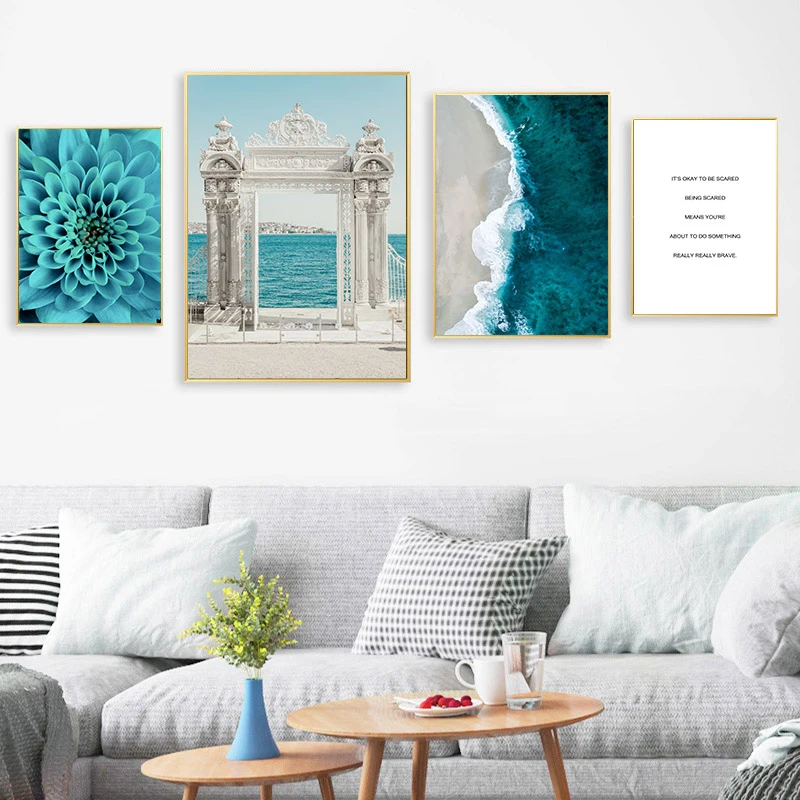 Морской волны синий цветок настенный плакат морской пляж пейзаж холст печать