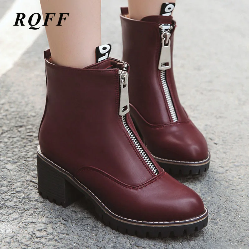 Женские ботильоны на молнии спереди черные однотонные ботинки высоком