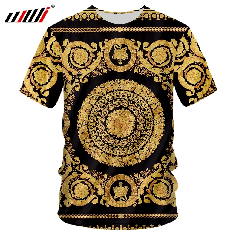 Мужская футболка с короткими рукавами UJWI золотистая в стиле барокко 3D принтом