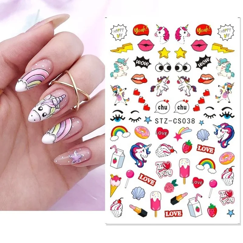 

New Popular Adhesive 3D Children Kid Nail Art Stickers Cartoon Cute Unicorn Panda Fruit Flower Slider Decal Stickers for Nails
