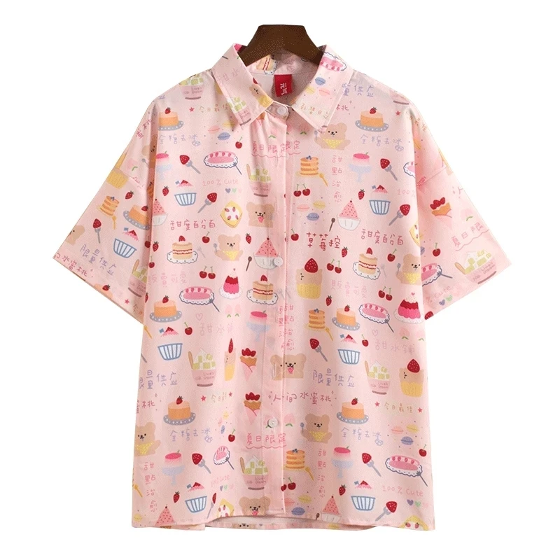 

Shirts Women Short Sleeve Printed Lovely Loose Korean Style Summer Fashion Blouses Female Prevalent Sweet Turn-down Collar Tops
