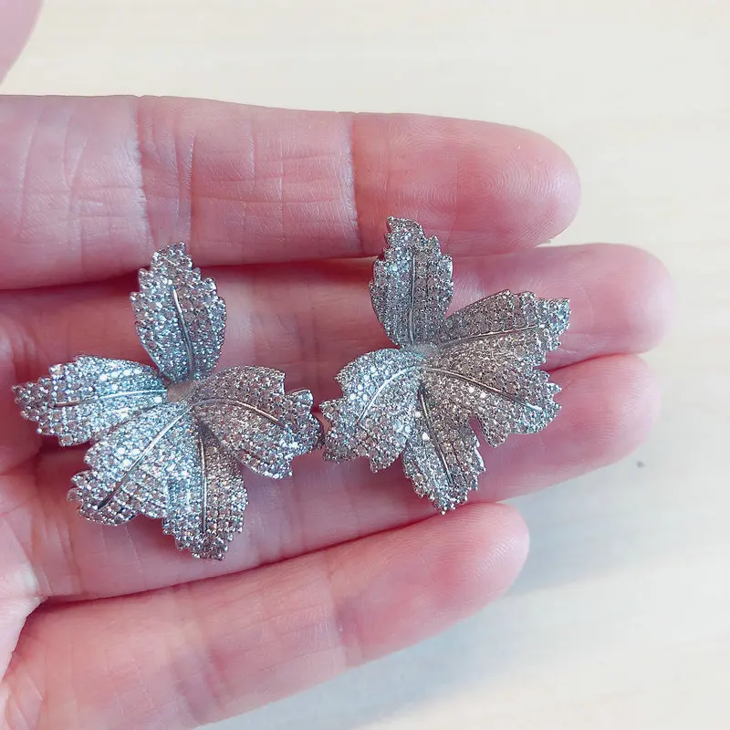 

Bilincolor high quality silver color pave setting cz fashion luxury cubic leaf drop earring for women