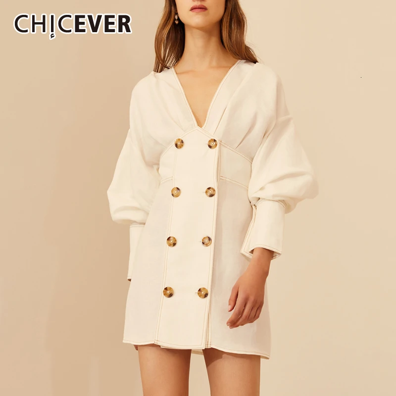 CHICEVER корейское платье для женщин v образный вырез рукав фонарик высокая талия