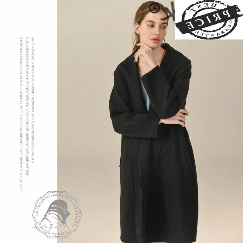 

Elegant Double-faced Cashmere Coat Female Korean Ladies 100% Wool Coat Women Winter Long Woolen Jacket hooded Casaco 2a02