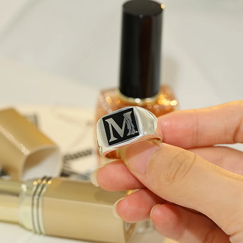 

Custom Engrave 925 Sterling Silver Signet Square Ring Personalized Engraved Initial Letter Black Enamel Pinky Men Ring Jewelry