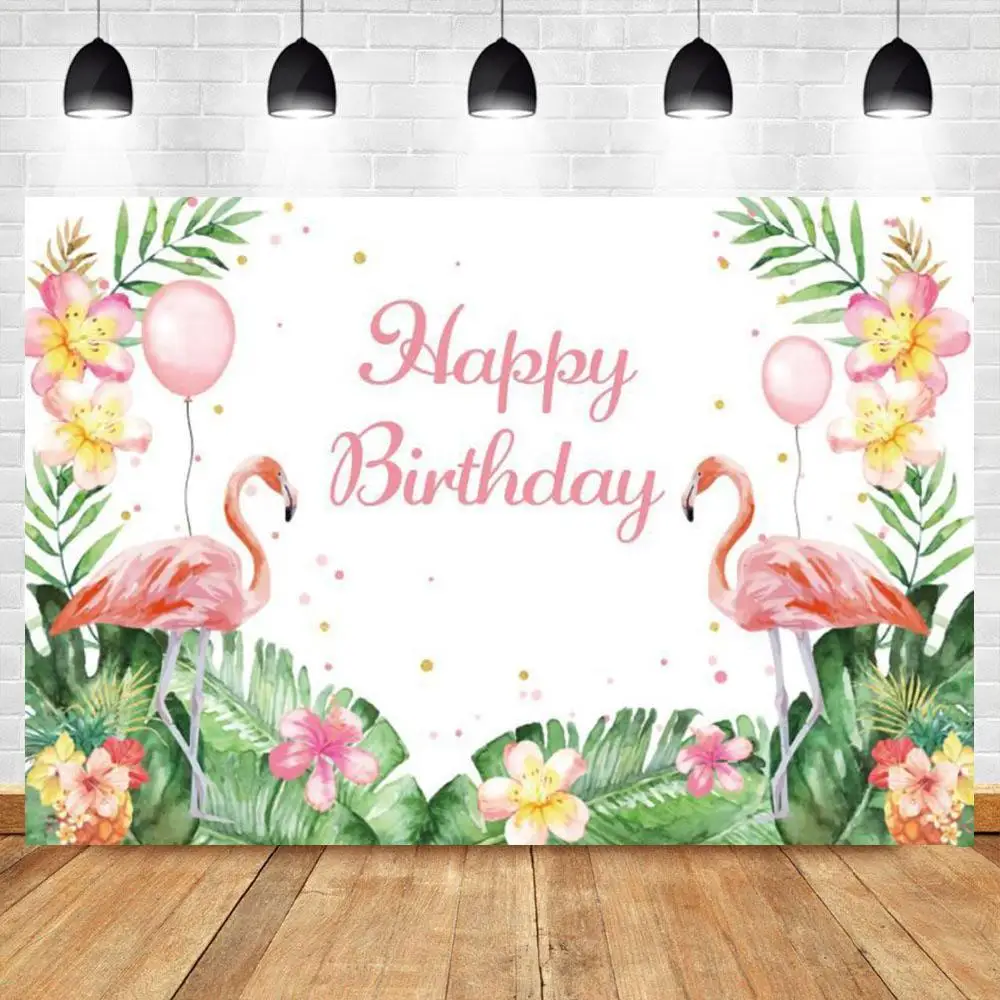 

Flamingo Celebration Birthday Photo Background Summer Hawaiian Vacation Style Backdrop Flowers Pineapple Leaves Golde Vinlyn