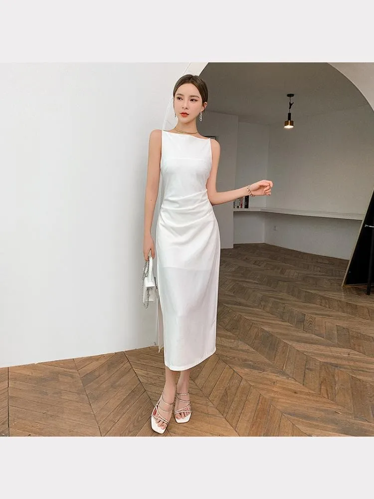 

Solid White Black Red Dress Slim Bodycon Dresses Woman Party Night French Style Sleeveless Spaghetti Strap Summer Club Wear