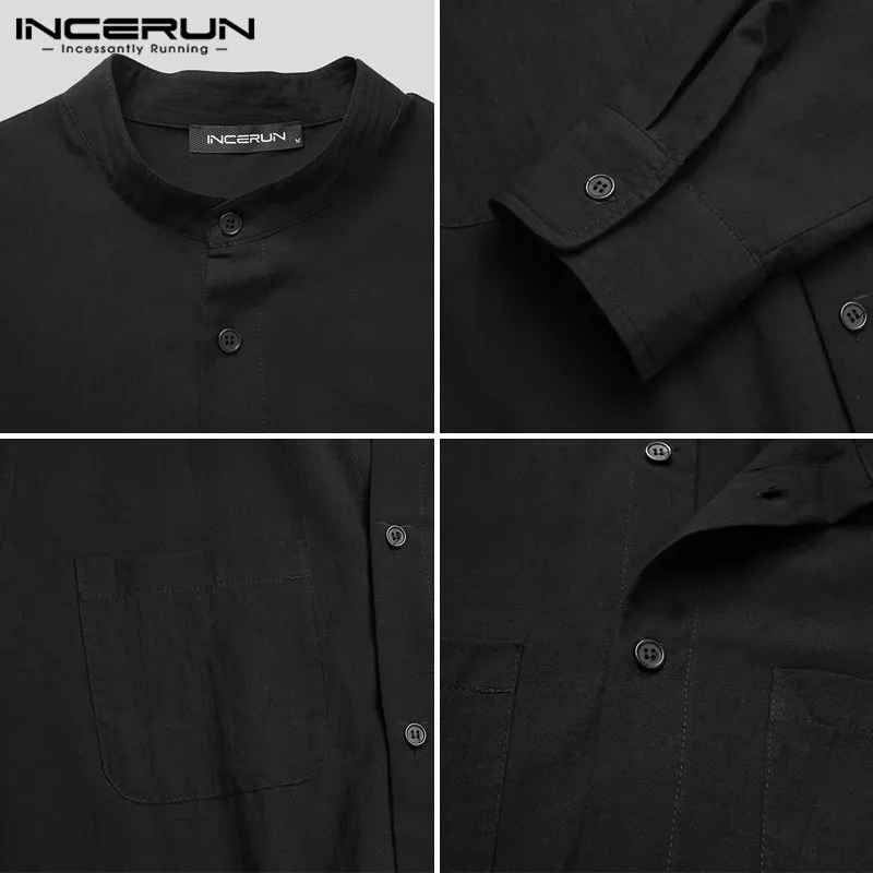 

2021 Solid Color Men Shirt Stand Collar Pockets Streetwear Cotton Button Thin Blouse Long Sleeve Casual Camisas S-5XL INCERUN
