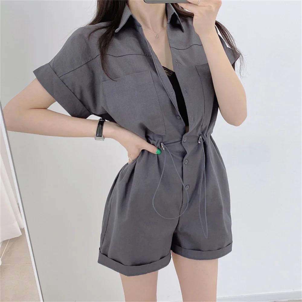 

2021 Chic All-Match Drawstring Retro Comfortable Playsuits New Loose Women Casual OL Summer Slim Solid Wide Leg Rompers