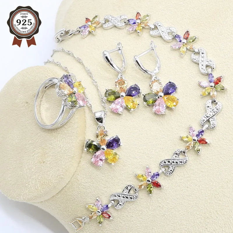 Цветок Форма многоцветный циркон серебряный цвет набор украшений для женщин