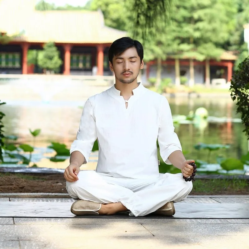 Летний свободный крой Винтаж медитация кунг-фу спортивный костюм для мужчин