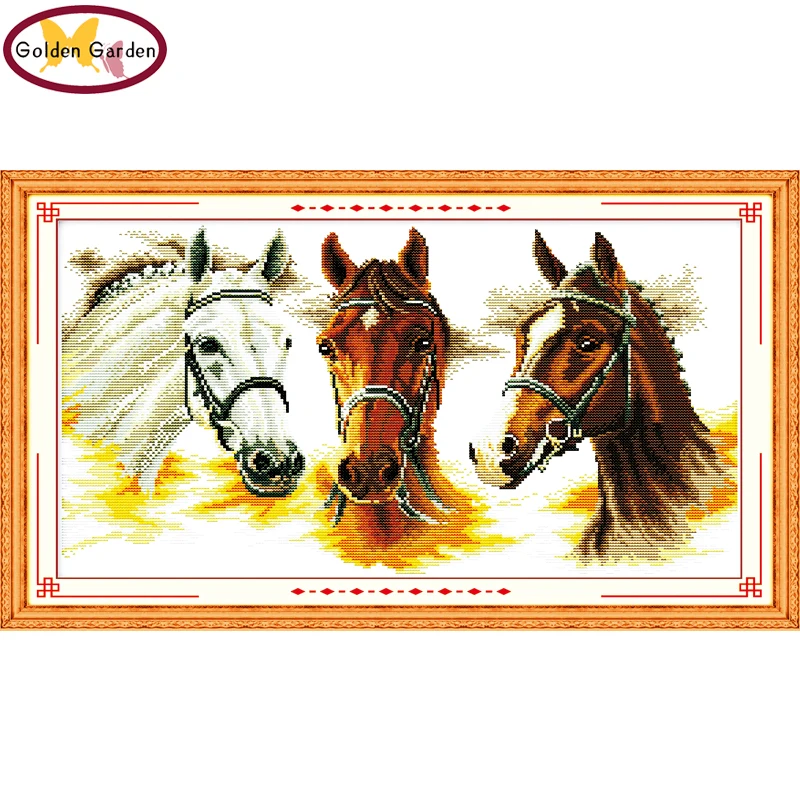 

GG Three Horses Stamped Cross Stitch Pattern Joy Sunday 11CT 14CT Counted Cross Stitch Embroidery Needlework Kit for Home Decor