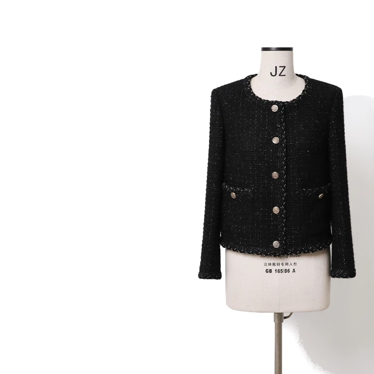 

New 2020 autumn winter women wool blended tweed jacket office lady elegant formal single breasted black outerwear