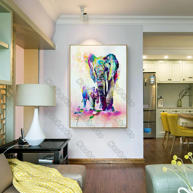 

Modern Style Canvas Painting Poster Abstract Animals Big and Small Elephants Painted with Various Colors for Home Rooms Decorati