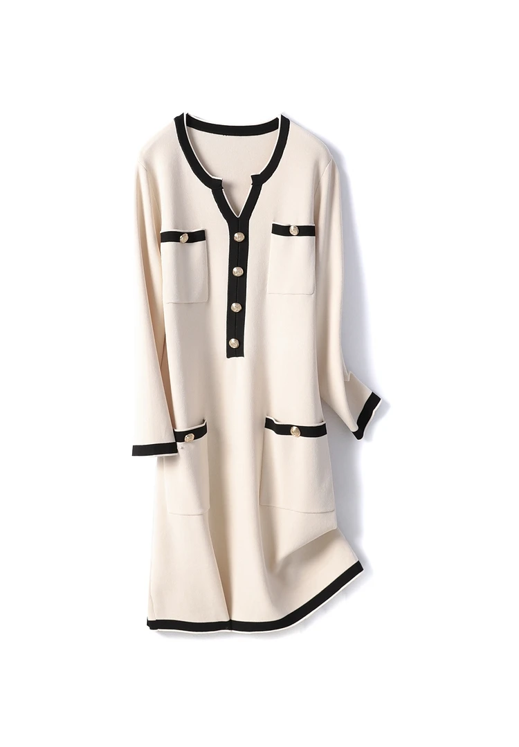 Женское трикотажное платье с металлическими пуговицами Элегантное повседневное