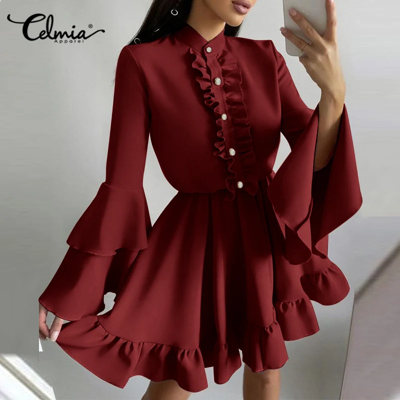 

Celmia Long Flare Sleeve Casual Short Vestidos Women's 2021 Autumn A Line Pleated Mini Dress Party Ruffled Hem Shirt Dresses