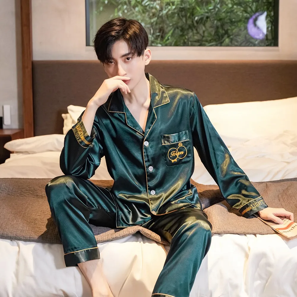 

Pajamas Set Plus Size 3XL Men Sleepwear 2PCS Pijamas Suit Soft Satin Faux Silk Shirt&Pant Loose Male Homewear Casual Pyjamas