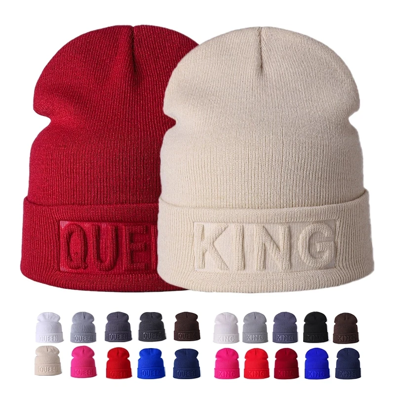 

New Winter Hat King Queen Beanies Fashion Hip Hop Couples Cap Plain Hat Women Men Warm Knitted Ski Cap Beanies Cap