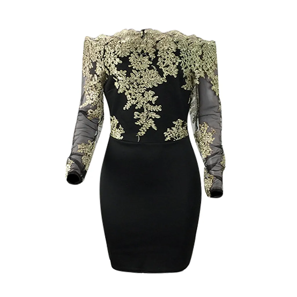 Женское платье Осень-зима элегантное длинный рукав сплошной цвет кружевное