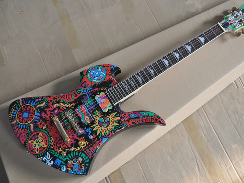

Абстрактный Узор переводная необычная форма электрическая гитара с золотой фурнитурой, розетка из розового дерева, предложение на заказ