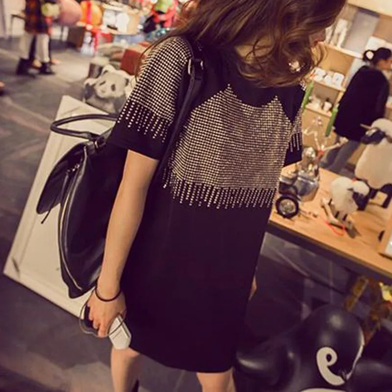 Women Summer Dresses 2022 Fashion Casual Short Sleeve Vestidos Sexy Rivet Diamonds Dress Shirt Loose Black Dress Plus Size XXXL