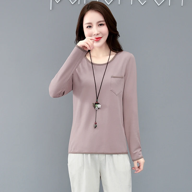 

Женская рубашка с круглым вырезом, однотонная Базовая модная Минималистичная рубашка большого размера с длинными рукавами, зима-весна, 2021