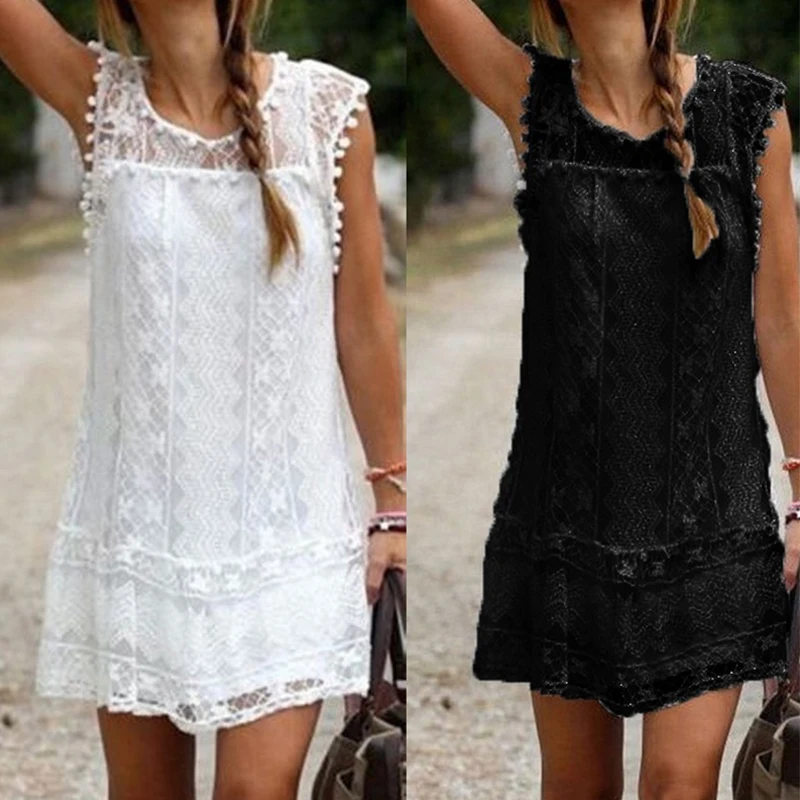 Летнее белое женское платье 2020 повседневное пляжное короткое без рукавов