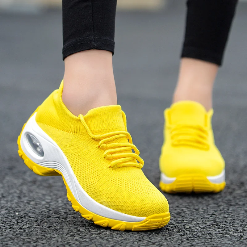 

Cushioning Women Sock Sneakers Breathable Mesh Yellow Running Shoes Height Increasing Wedge Sports Thick Sole Platform 42