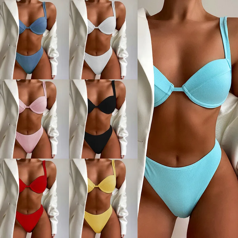 

Swimsuit Women Solid Bandeau Thong Bikini Set Underwire Swimwear Two Pieces Sets Beachwear Sexy Bathing Suit New Arrival
