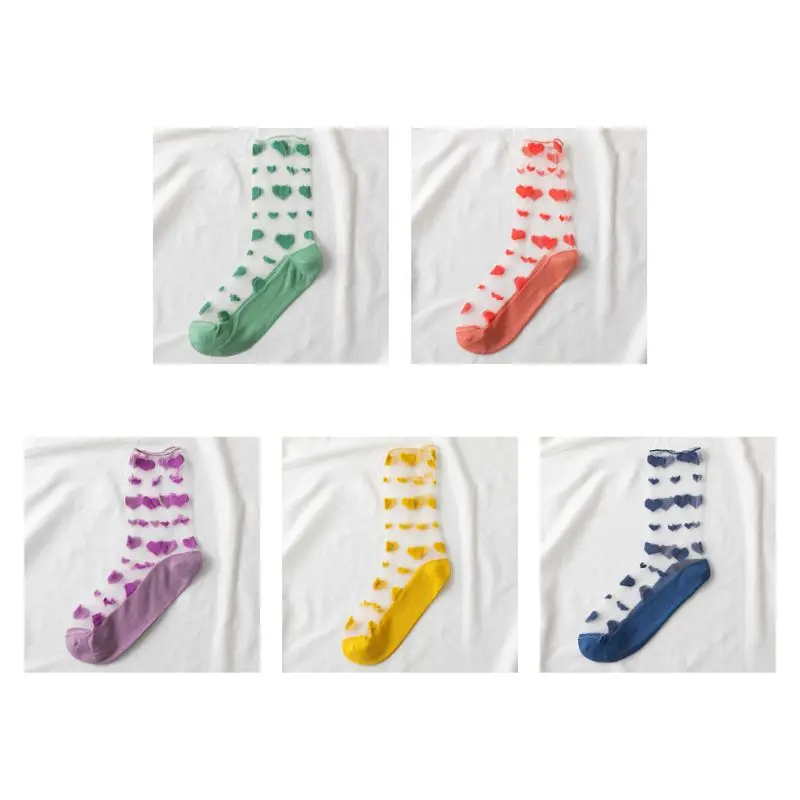 

Women Girls Glass Fiber Sheer Mesh Summer Ankle Socks Sweet Love Heart Candy Colorful Ultra-Thin Jacquard Slouchy Tube Hosiery