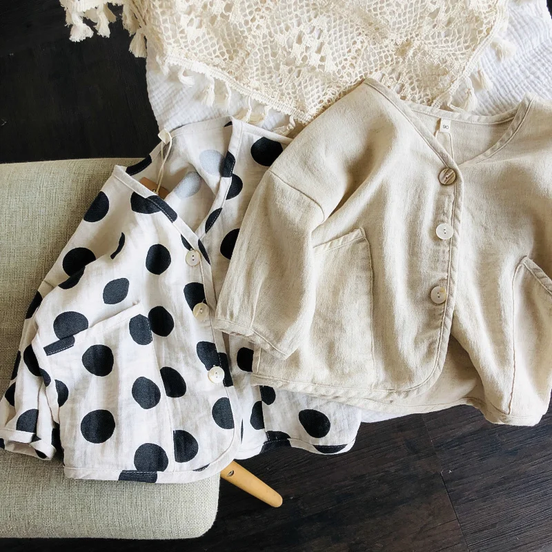 

Cotton and Linen Cardigan 2021 Spring and Summer Korean Children's Loose Polka Dot Solid Color Coat Baby Jacket