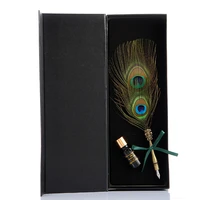 retro natural peacock fur fountain pen kit business holiday gifts students calligraphy pen case ink feather pen stationery