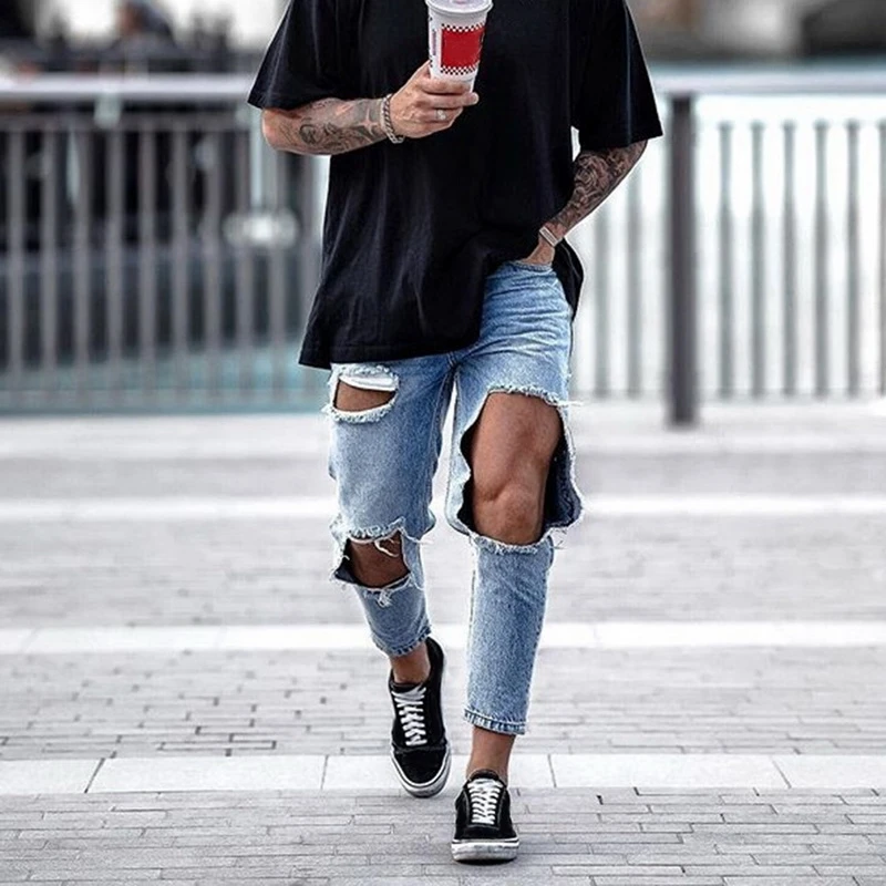 Disputent Новые мужские рваные джинсы свободного кроя стрейч модные облегающие на