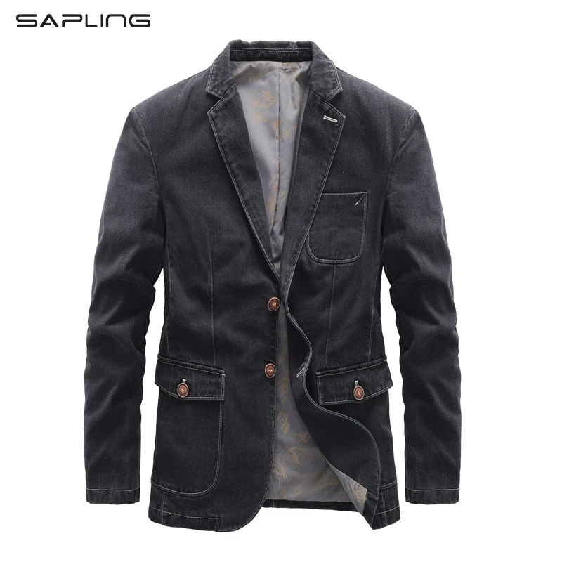 

Cotton Men's Denim Suit Jackets Single Breasted Pockets Grey Casual Street Spring Autumn Male Outwear Slim Mens Cowboy Blazer