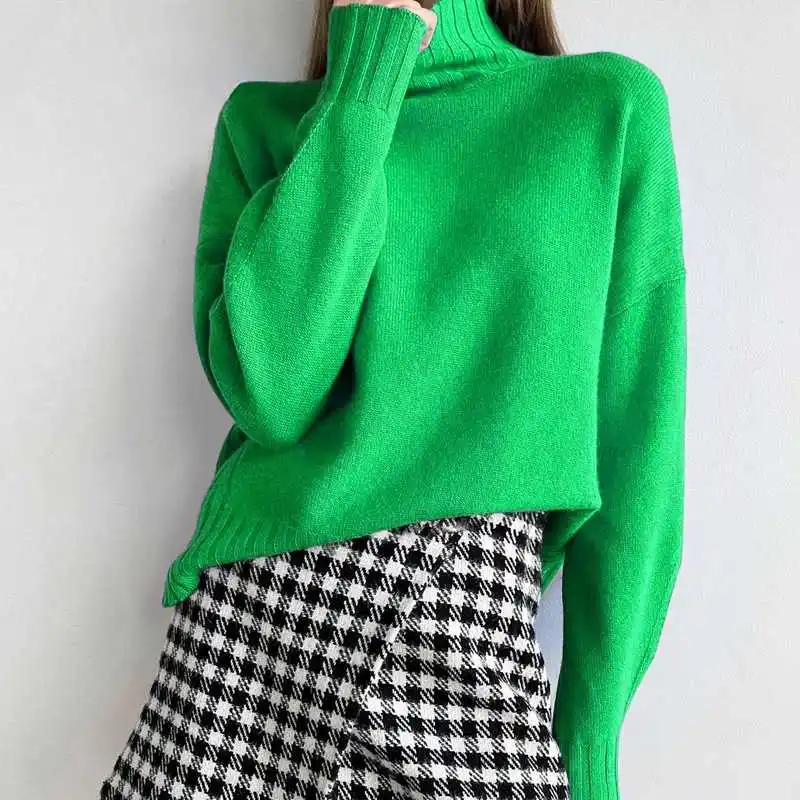 

Женский зеленый свитер на осень и зиму, вязаный мягкий теплый базовый Повседневный вязаный белый свитер с высоким воротником, женский джемп...