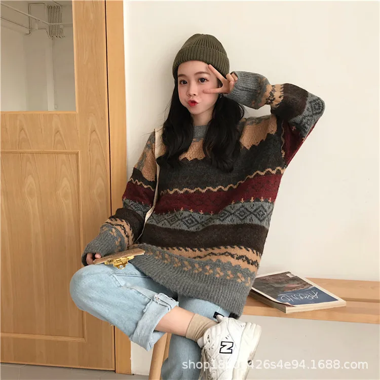 

2021 New Women Clothing Autumn And Winter Loose Fashion Student Jacquard Rhombic Round Neck Pullover Long Sleeve Sweater