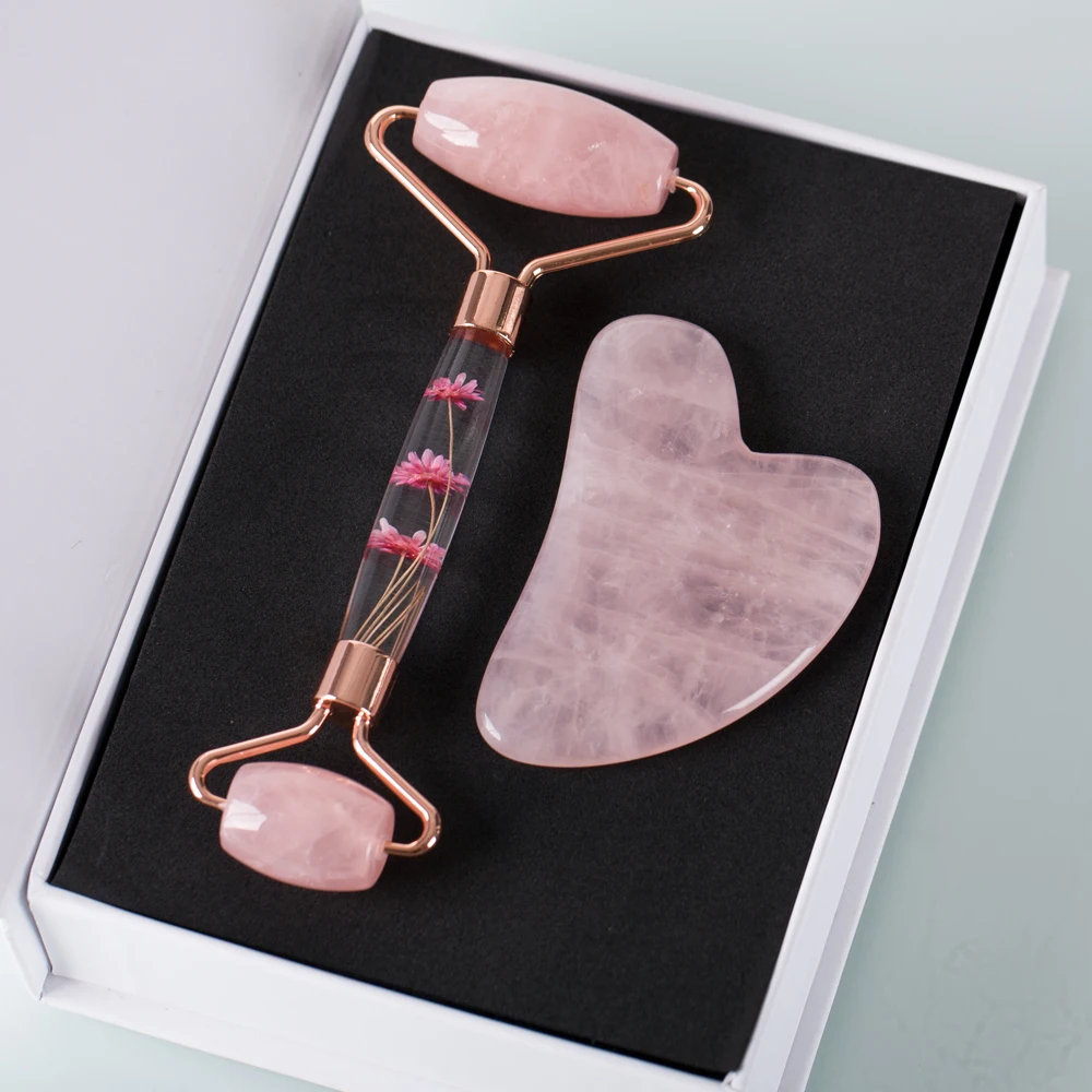 

Facial Roller Gua Sha Tool Set PMMA Handle Natural Rose Quartz Bead Face Care Massager Scraping Lifting Face Neck Detox massage