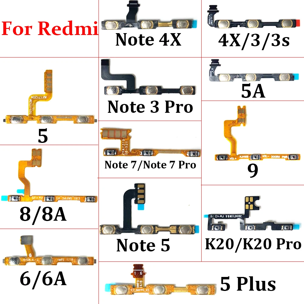 

5Pcs，ower Volume Button Up Down Key Flex For Xiaomi Redmi K20 K20 Pro 9A 8 8A 6A 4 Pro 6 4A 5A Note 3Pro Note 4X 5 Plus 5S