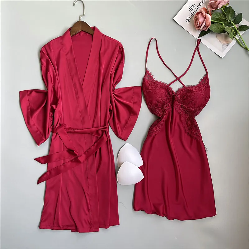 

Rayon Lady 2PCS Robe Suit Brial Wedding Nightgown Set Women Satin LOOSE Kimono Bathrobe Gown Sexy V-Neck Bridesmaid Sleepwear