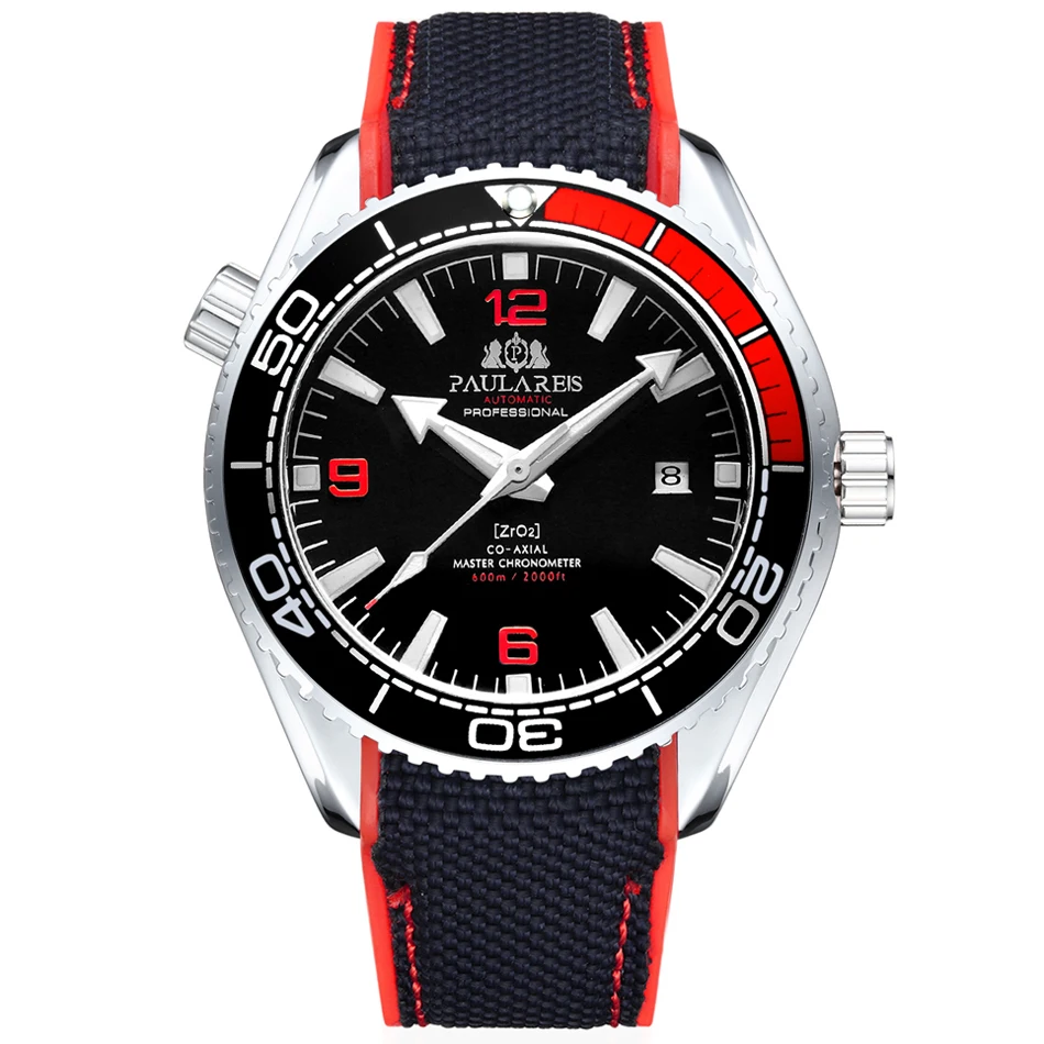 White Red Black Мужские автоматические механические холщовые часы с резиновым ремешком James Bond 007, стильные оранжевые, синие, красные классические часы с вращающейся рамкой - Цвет: White Red Black