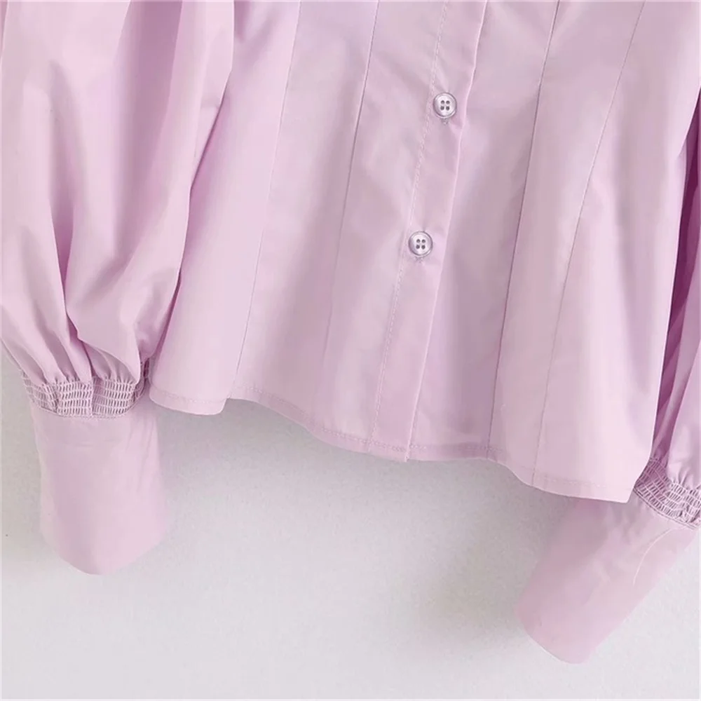 

2020 Spring Women's New Lapel Poplin Puff Puff Long Sleeve Purple Stretch Waist Waist Thin Shirt