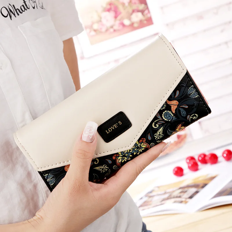 Floral Envelope Women Long Wallet Female Color Contrast Trifold Flower Printing Pu Leather Hasp Coin Purse Lady Clutch Phone Bag