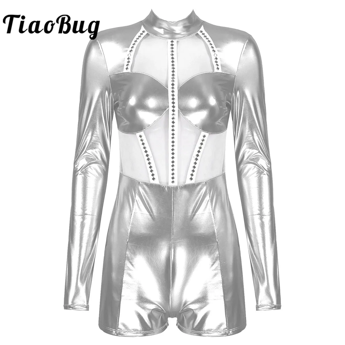 

Womens Metallic Turtleneck Holographic Body Long Sleeve Top Shirt Leotard Dance Costume DS Stage Shiny Jumpsuit Clubwear Silver