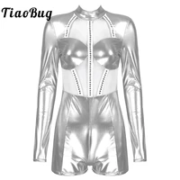 womens metallic turtleneck holographic body long sleeve top shirt leotard dance costume ds stage shiny jumpsuit clubwear silver